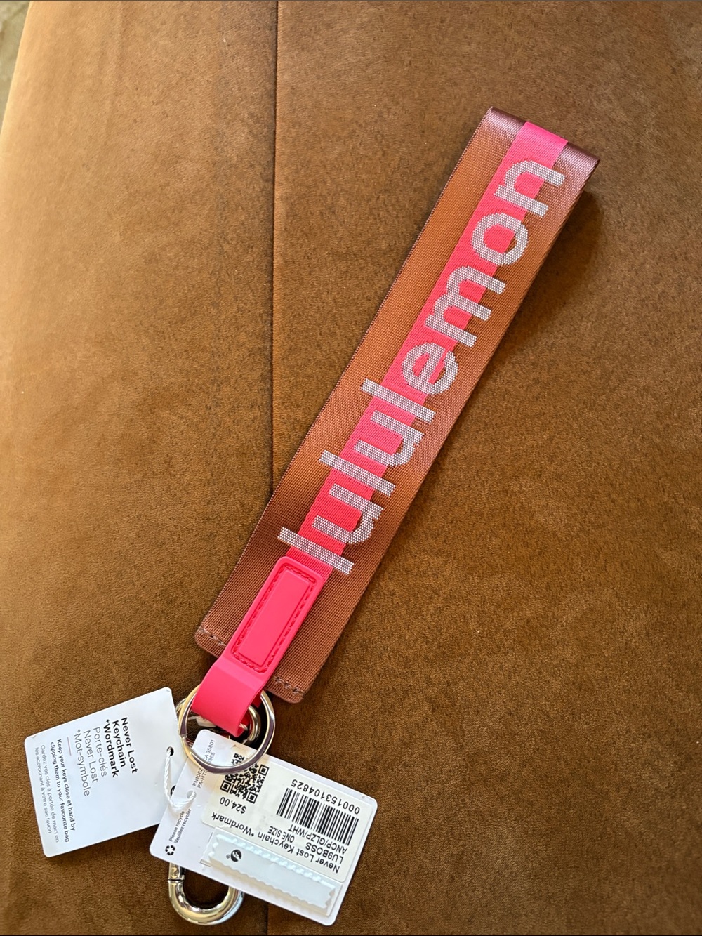 Lululemon Athletica Brown and Pink Logo Wrist Key Strap